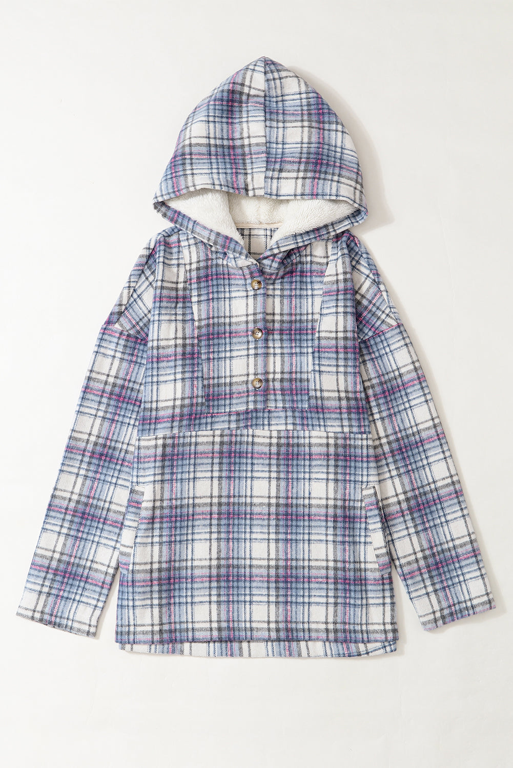 Plaid Button Neck Pocketed Pullover Hoodie | White