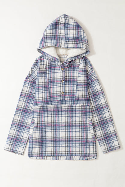 Plaid Button Neck Pocketed Pullover Hoodie | White