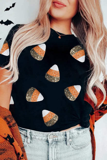 Sequin Candy Patched Pattern Halloween T Shirt | Black