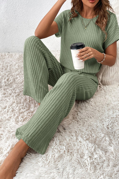 Solid Colour Ribbed Short Sleeve Wide Leg Jumpsuit | Grass Green