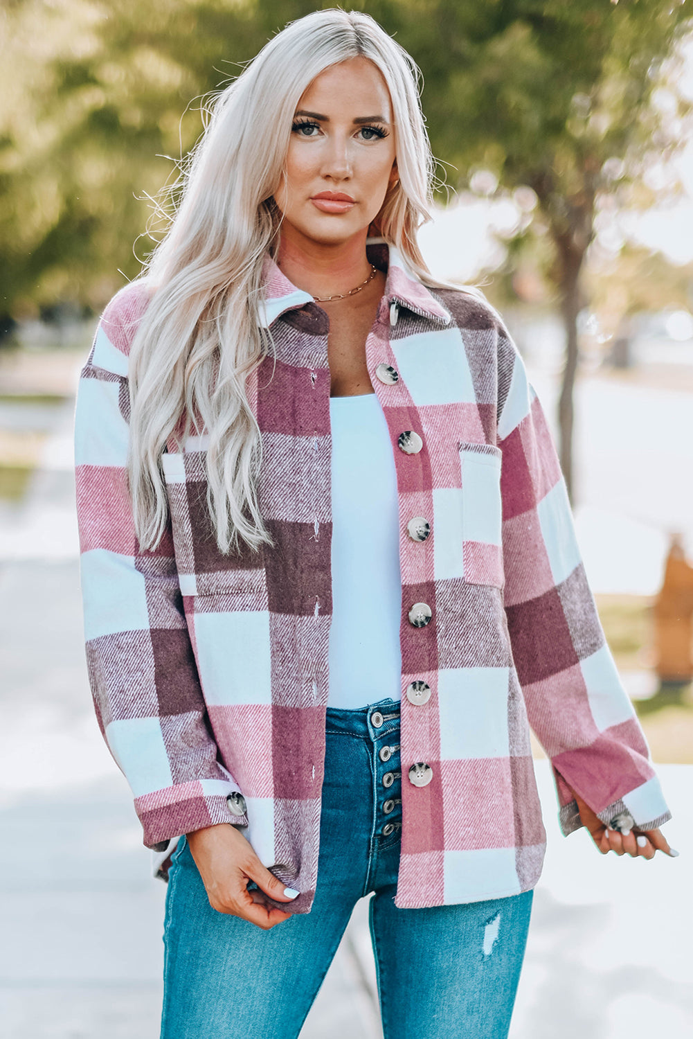 Plaid Colour Block Buttoned Long Sleeve Jacket With Pocket | Red