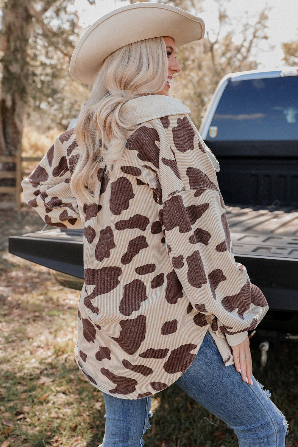 Cow Spots Printed Corduroy Shacket | Khaki