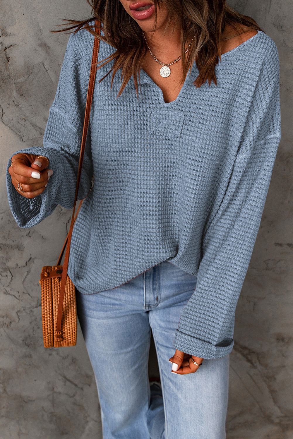 Waffle Knit Loose Long Sleeve Top | Dusk Blue