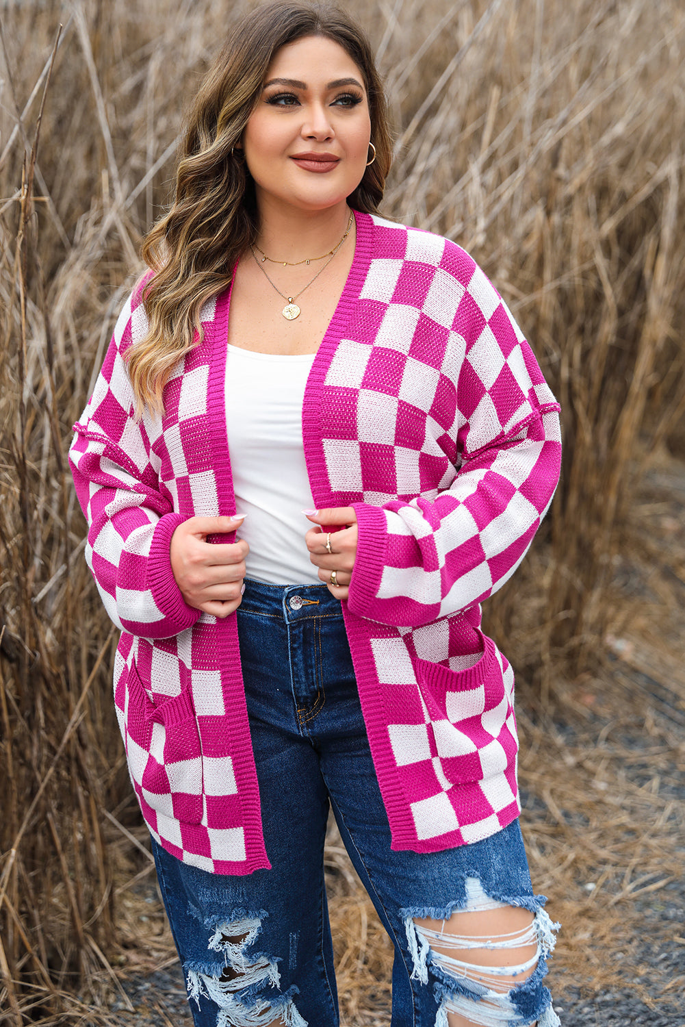 Checkered Pattern Open Front Plus Size Cardigan | Bonbon