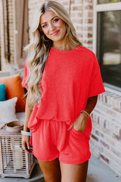 Ribbed Textured Knit Loose Fit Tee And Shorts Set | Orange