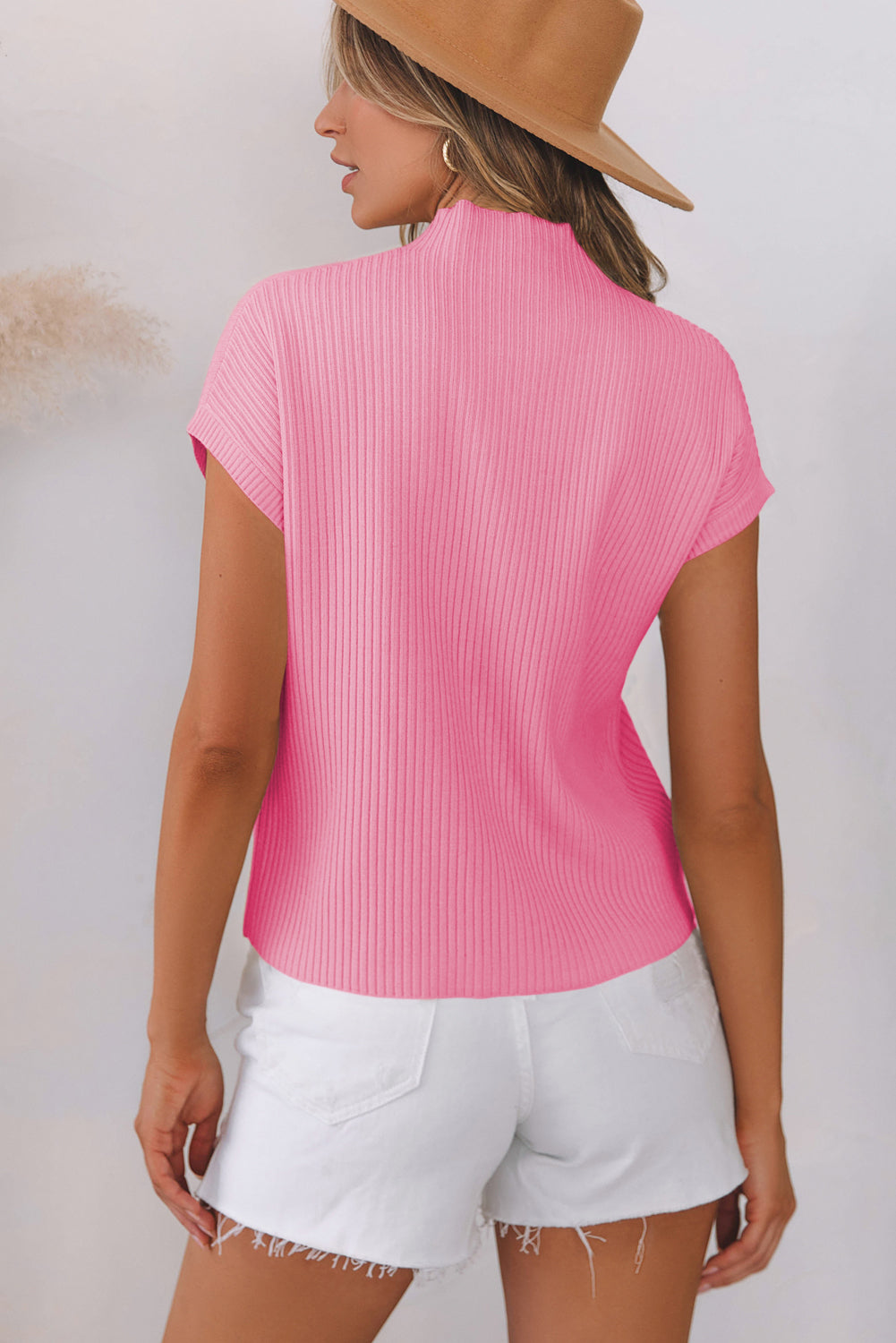 Patch Pocket Ribbed Knit Short Sleeve Sweater | Pink