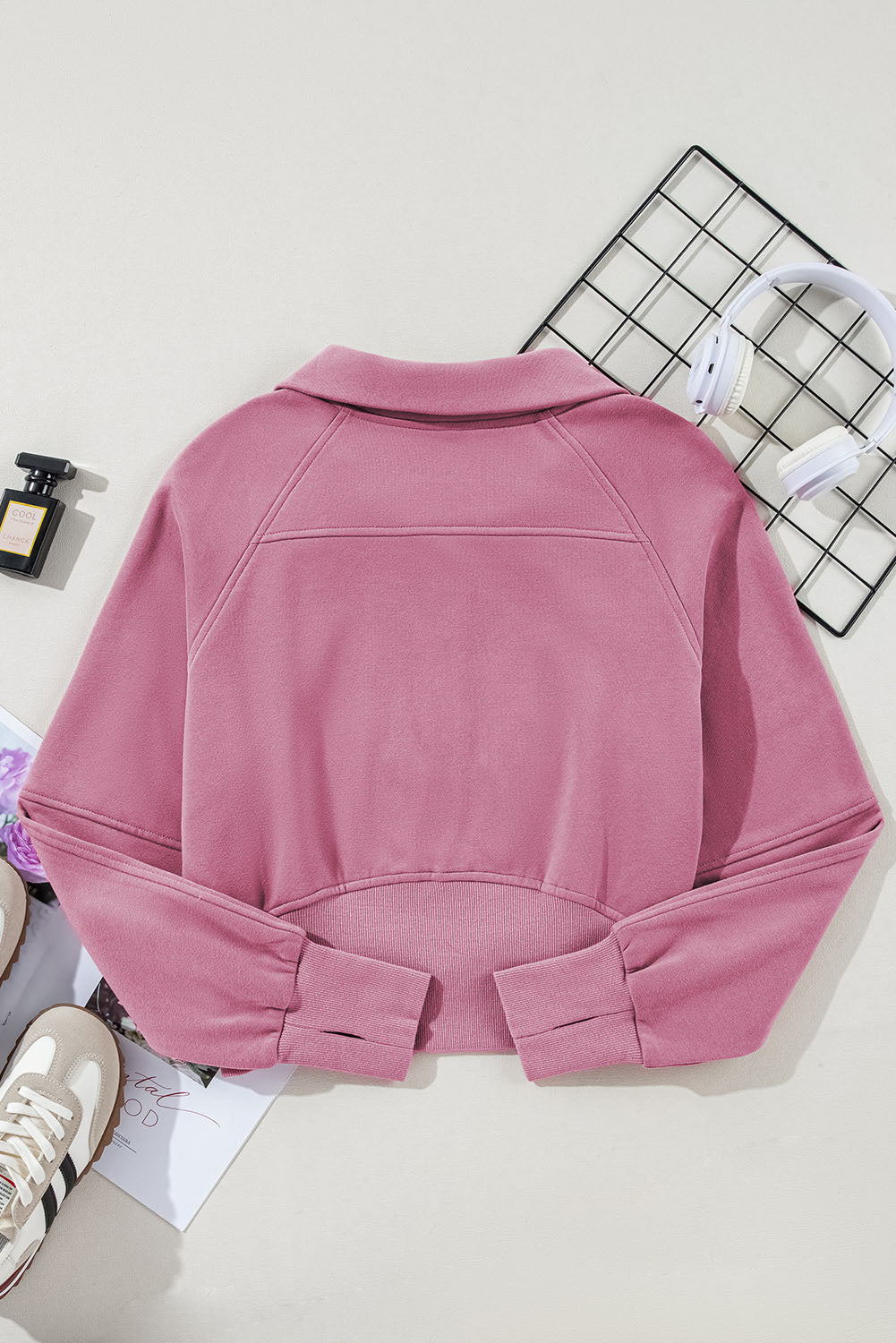 Fleece Lined Zip Up Stand Collar Thumbhole Sleeve Sweatshirt | Phalaenopsis