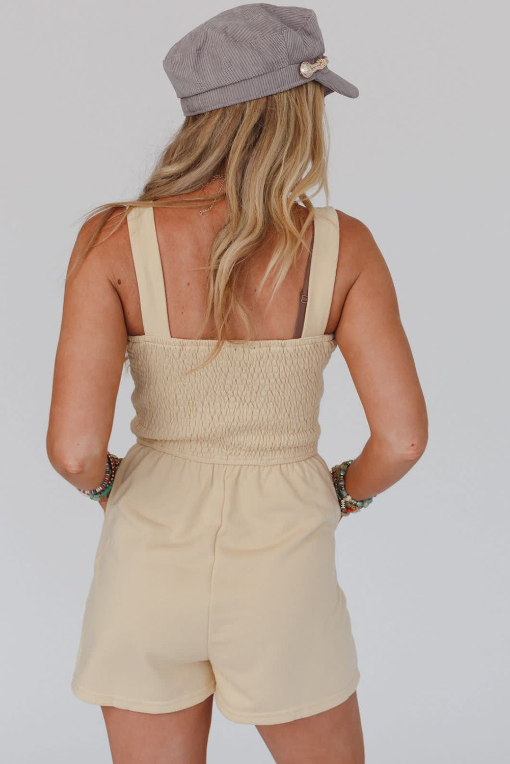 Buttons Smocked Sleeveless Romper | Beige