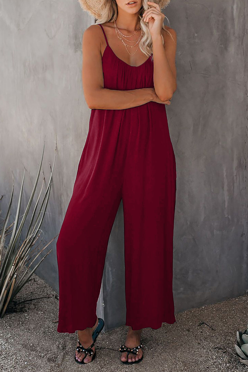 Fiery  Spaghetti Straps Wide Leg Pocketed Jumpsuits | Red