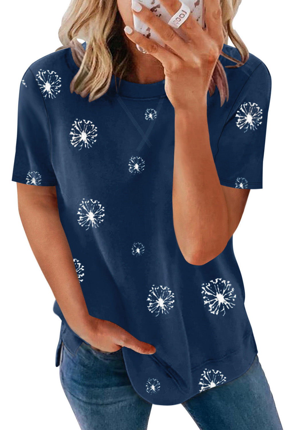 Dandelion Print Crew Neck T-Shirt | Blue