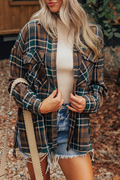 Plaid Print Chest Pockets Buttoned Shirt Jacket | Brown