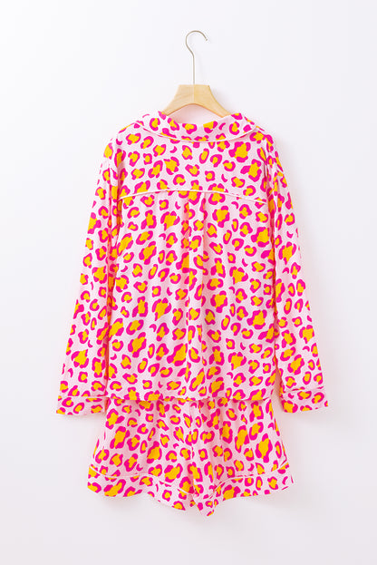 Leopard Print Long Sleeve Shirt And Shorts Pajama Set | Pink