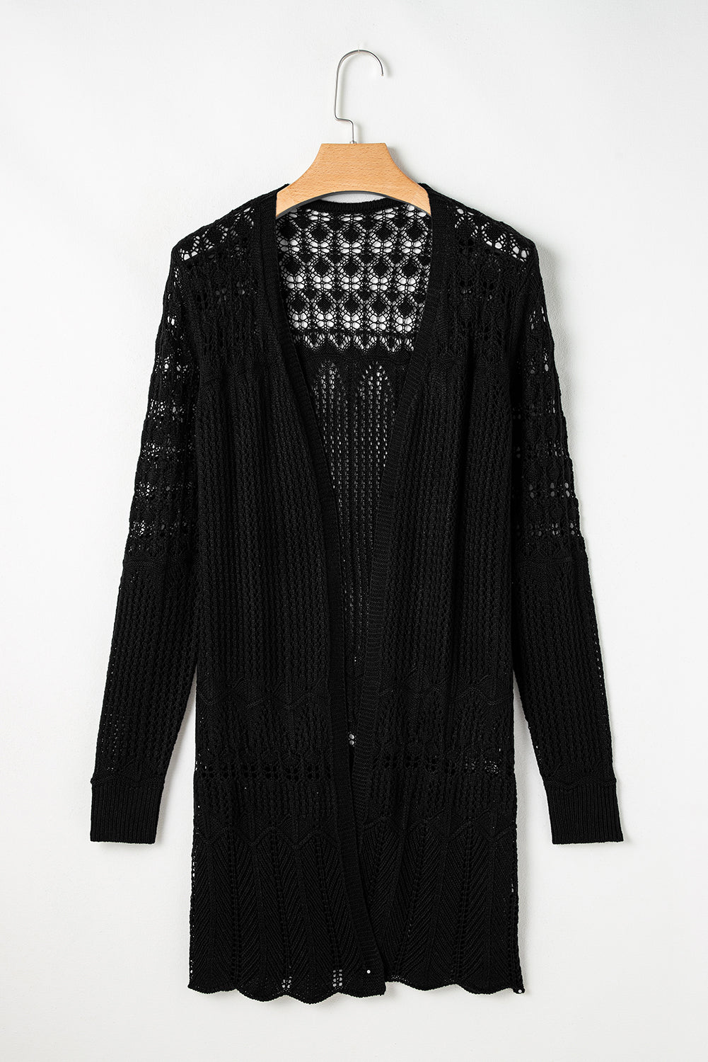 Crochet Hollow Out Open Front Cardigan | Black