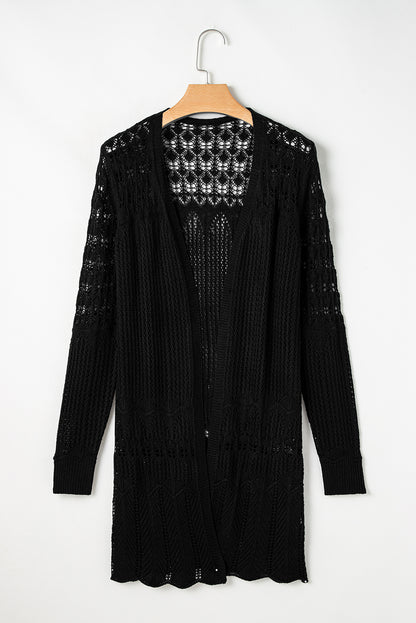 Crochet Hollow Out Open Front Cardigan | Black