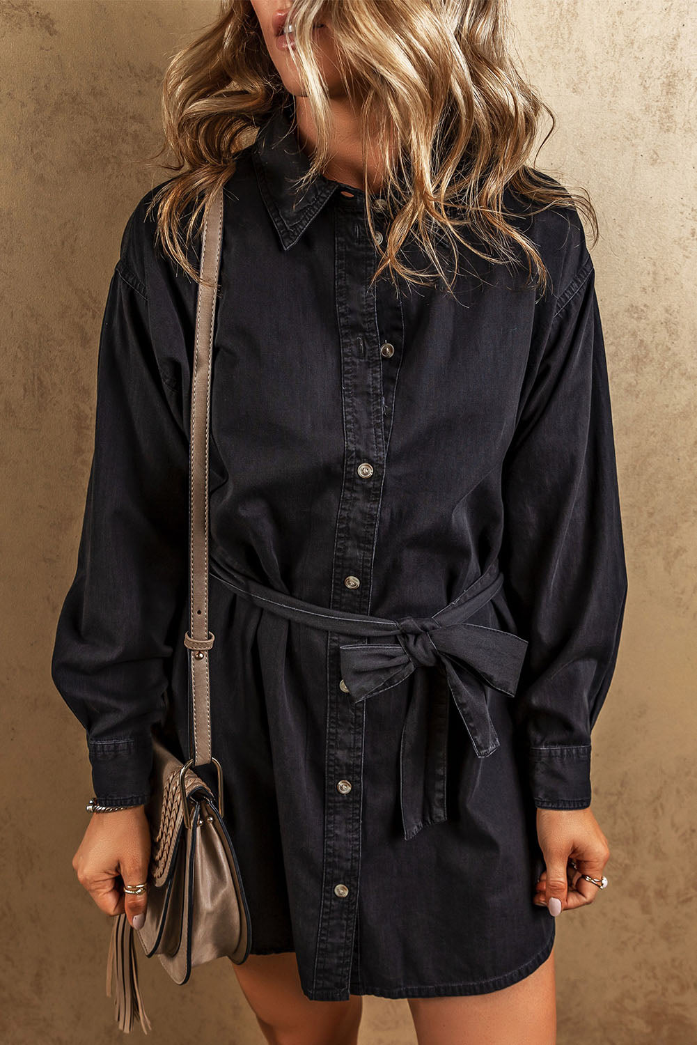 Button-Up Belted Denim Shirt Dress | Black