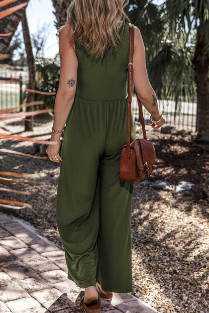 Sleeveless V Neck Ruched Wide Leg Jumpsuit | Moss Green