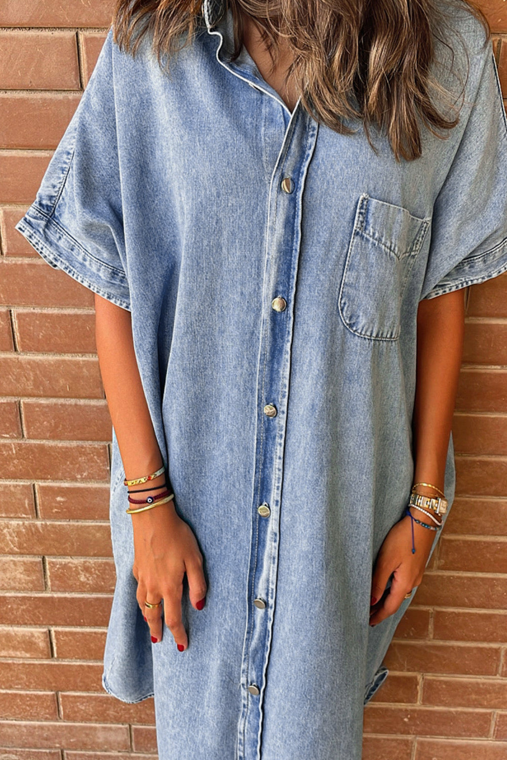 Loose Medium Wash Short Sleeve Shirt Chambray Dress | Light Blue