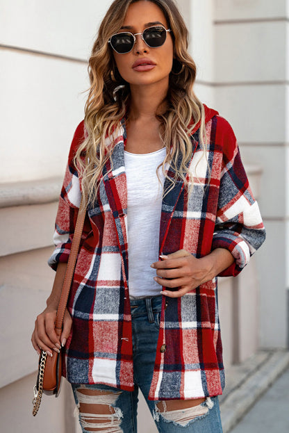 Fiery  Hooded Plaid Button Front Shacket | Red