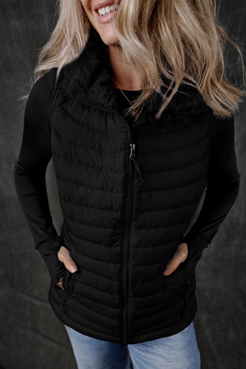 Plush Collared Quilted Zipped Puffer Vest | Black