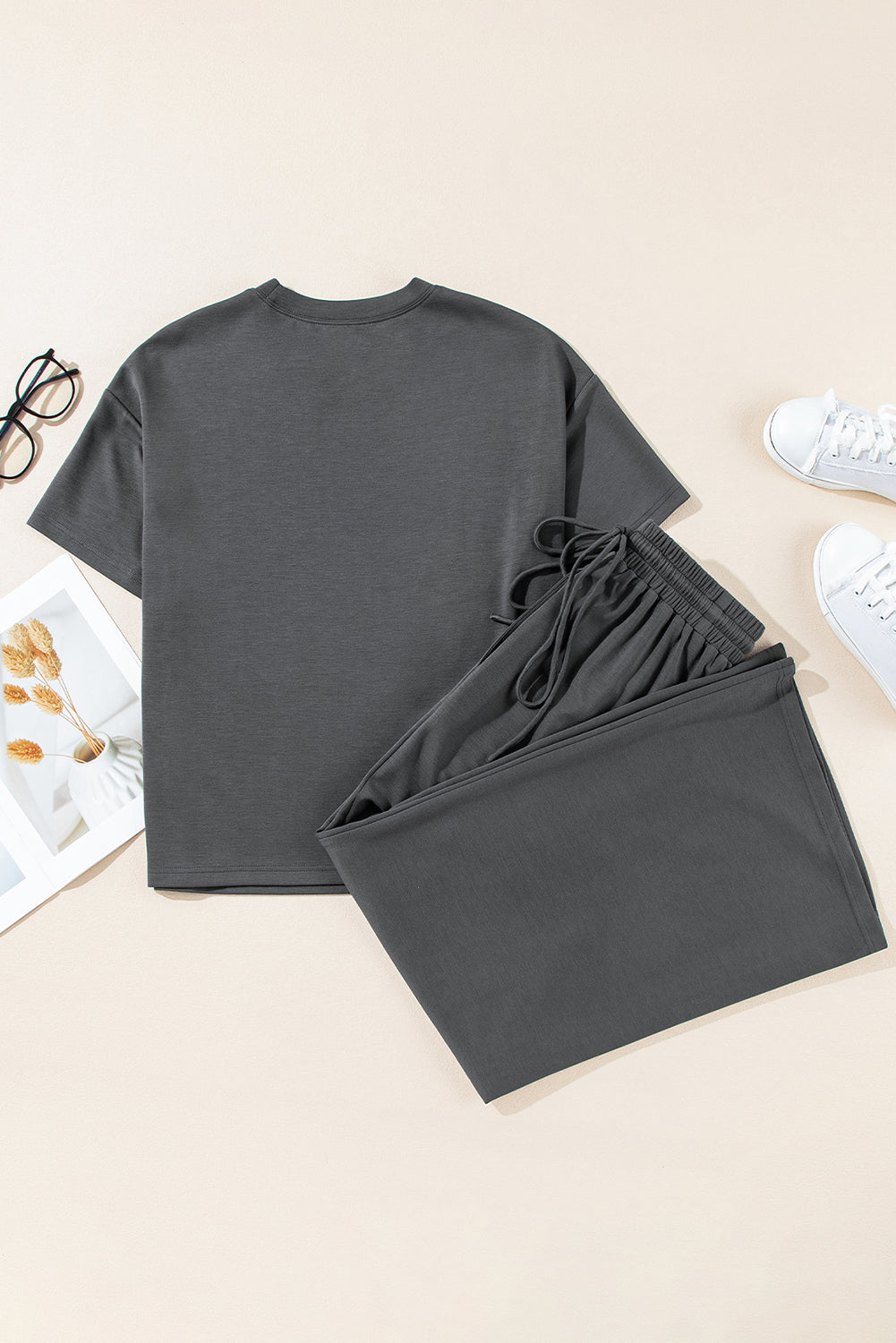 Drawstring Side Crewneck Tee And Loose Pants Set | Dark Grey