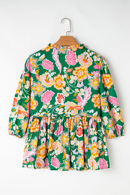 Floral Puff Sleeve V Neck Peplum Blouse | Green