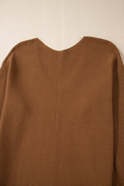 Ribbed Knit Drop Sleeve V Neck Loose Fit Sweater | Camel