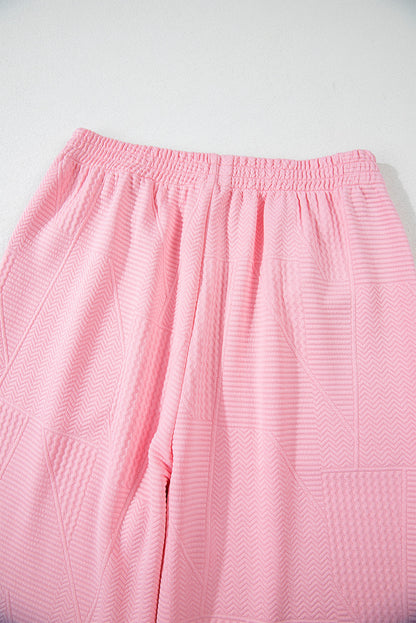 Textured Pearled Ruffled Sleeve Wide Leg Pants Set | Pink