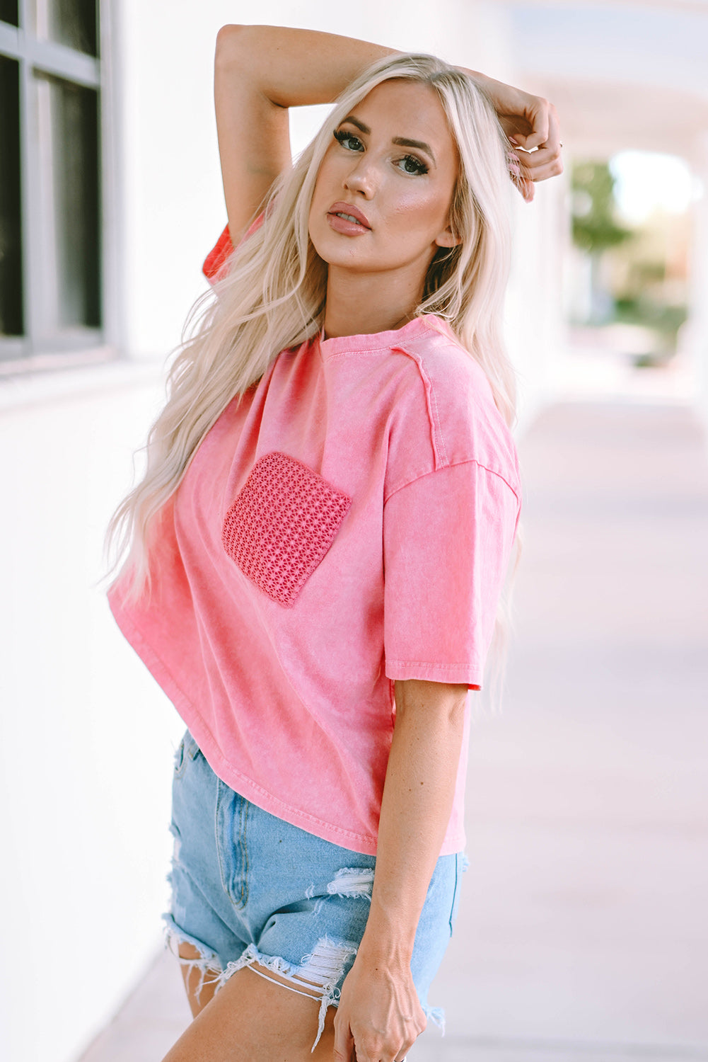 Acid Wash Lace Patch Pocket T-Shirt | Pink