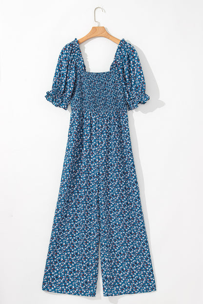 Vintage Boho Floral Smocked Short Puff Sleeve Wide Leg Jumpsuit | Blue