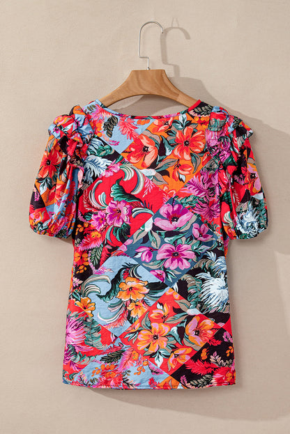 Floral Print Ruffle Trim Bubble Sleeve Split Neck Blouse | Multicolour