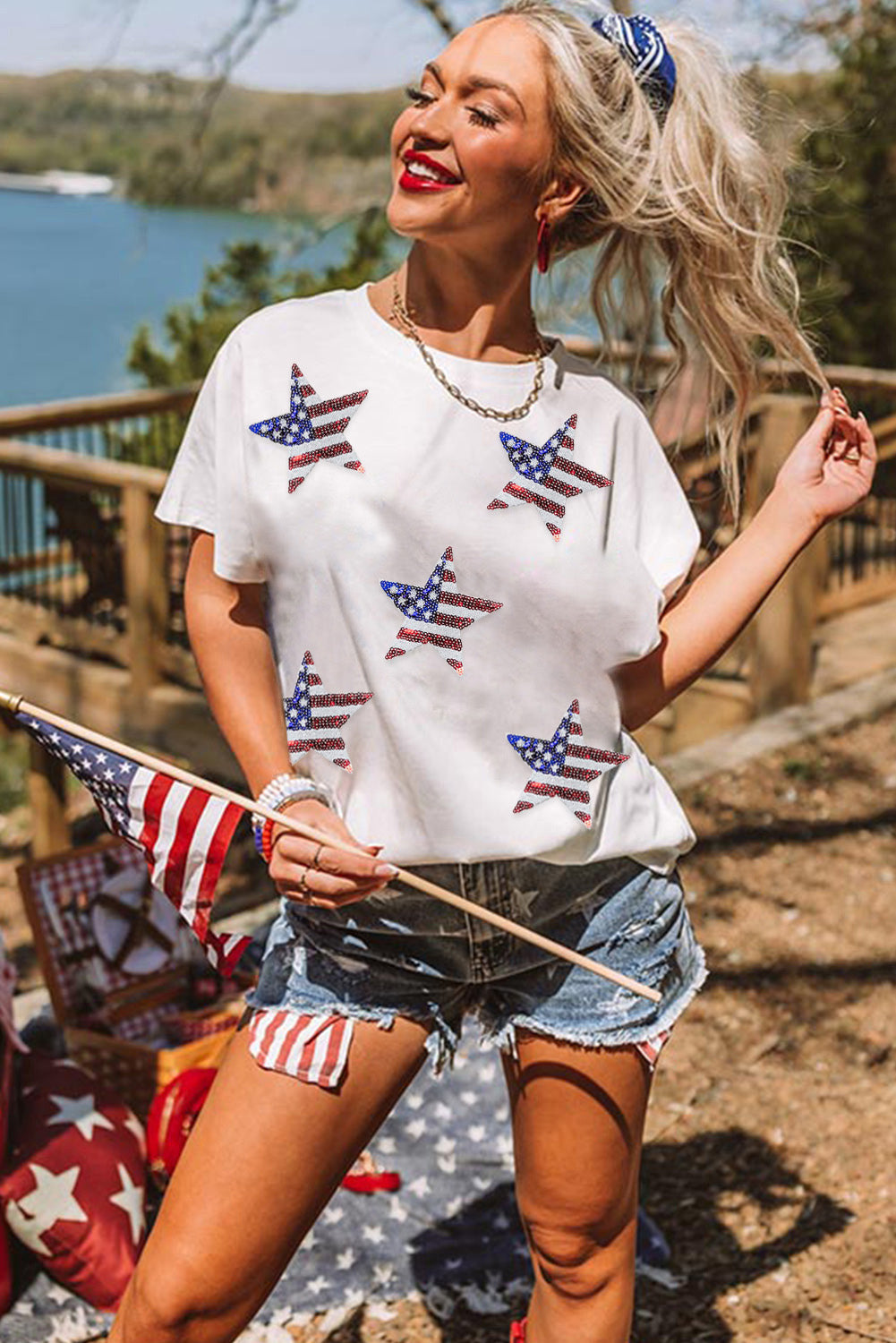 Sequined American Flag Star Graphic T Shirt | White