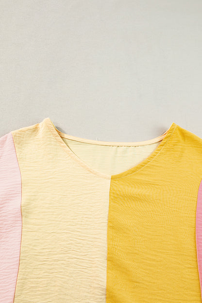 Crinkled Colourblock Patchwork V Neck T Shirt | Apricot