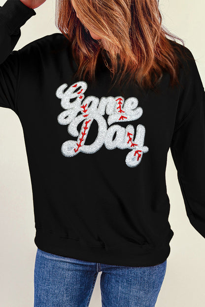 Sequined Game Day Graphic Crew Neck Sweatshirt | Black