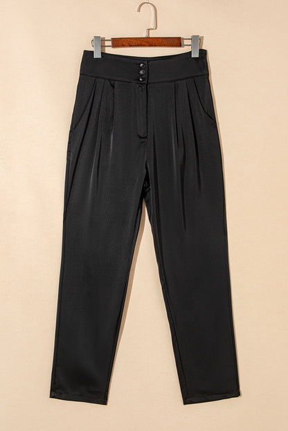 Button High Waist Tapered Pants | Black