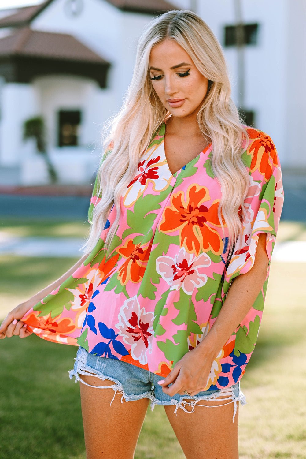 Pink Floral Print Loose Fit V Neck Tunic Blouse