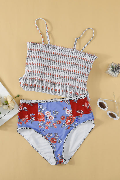 Printed Smocked High Waisted Swimsuits | White