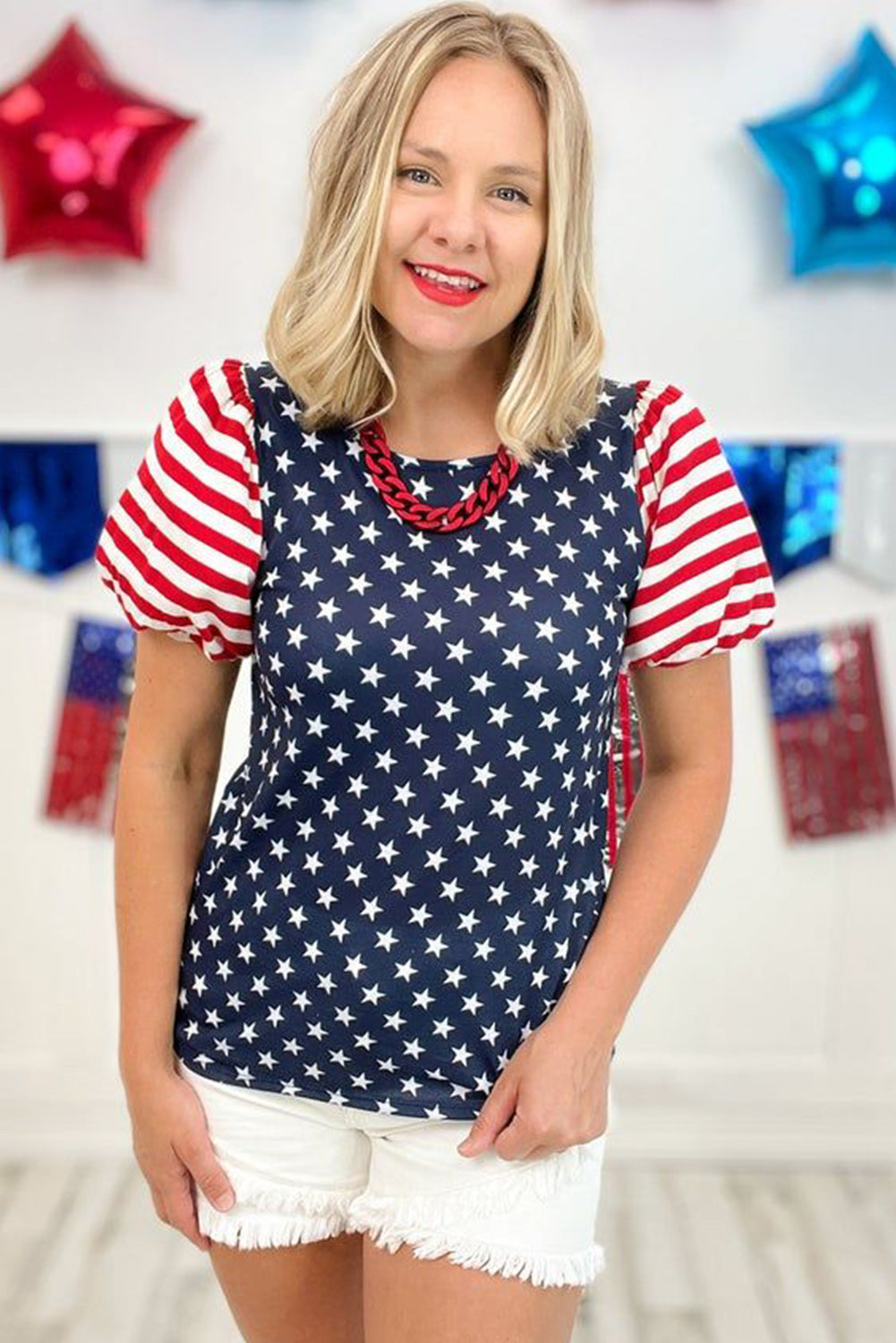 4th of July Stars Stripes Puff Sleeve T Shirt | Navy Blue