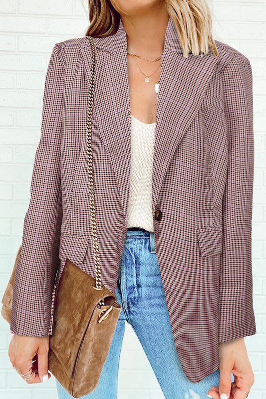 Plaid Print Lapel Collar Buttoned Blazer