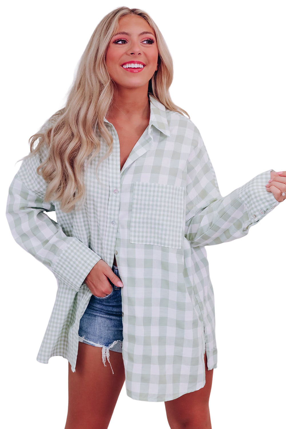 Mix Checked Patchwork Long Sleeve Shirt | Green