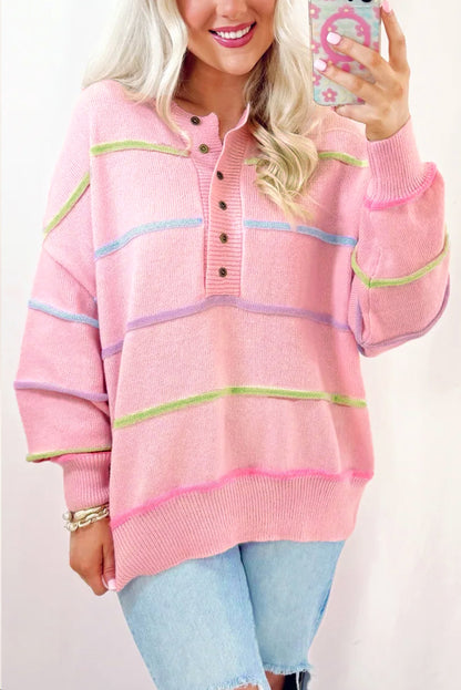 Rainbow Stripes Drop Shoulder Baggy Henley Sweater | Pink