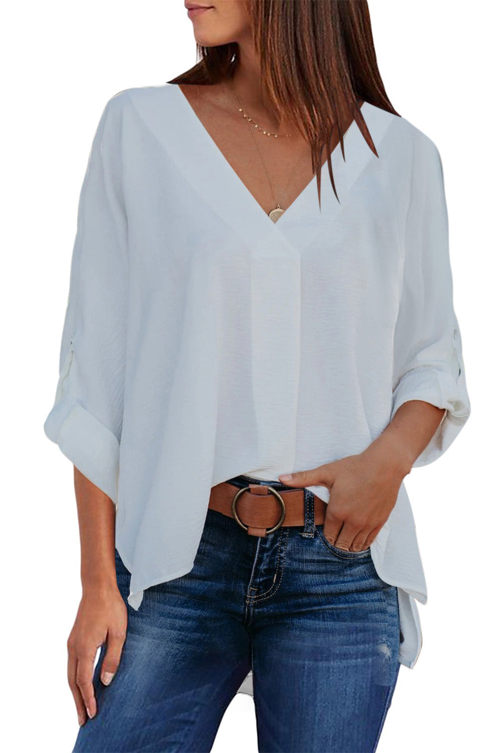 V Neck 3/4 Sleeve High Low Hem Shirt | White