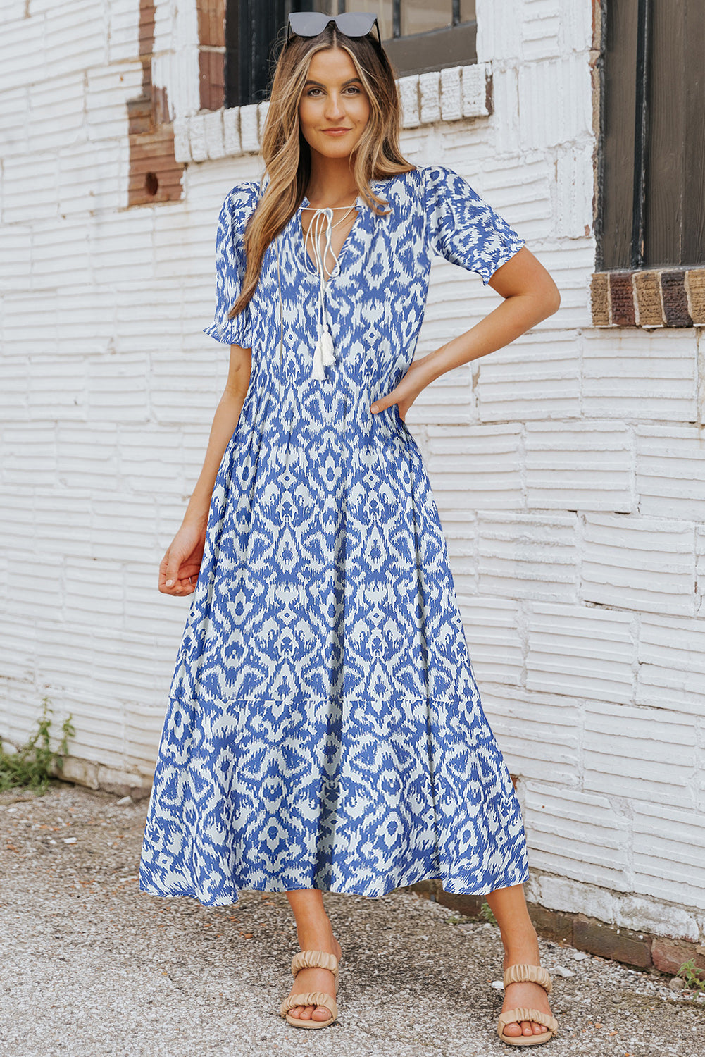 V Neck Casual Geometric Print Maxi Dress | Sky Blue