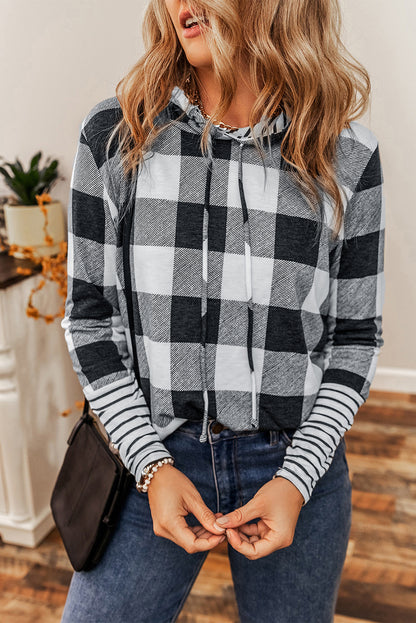 Plaid Striped Patchwork Drawstring Hoodie | Multicolour