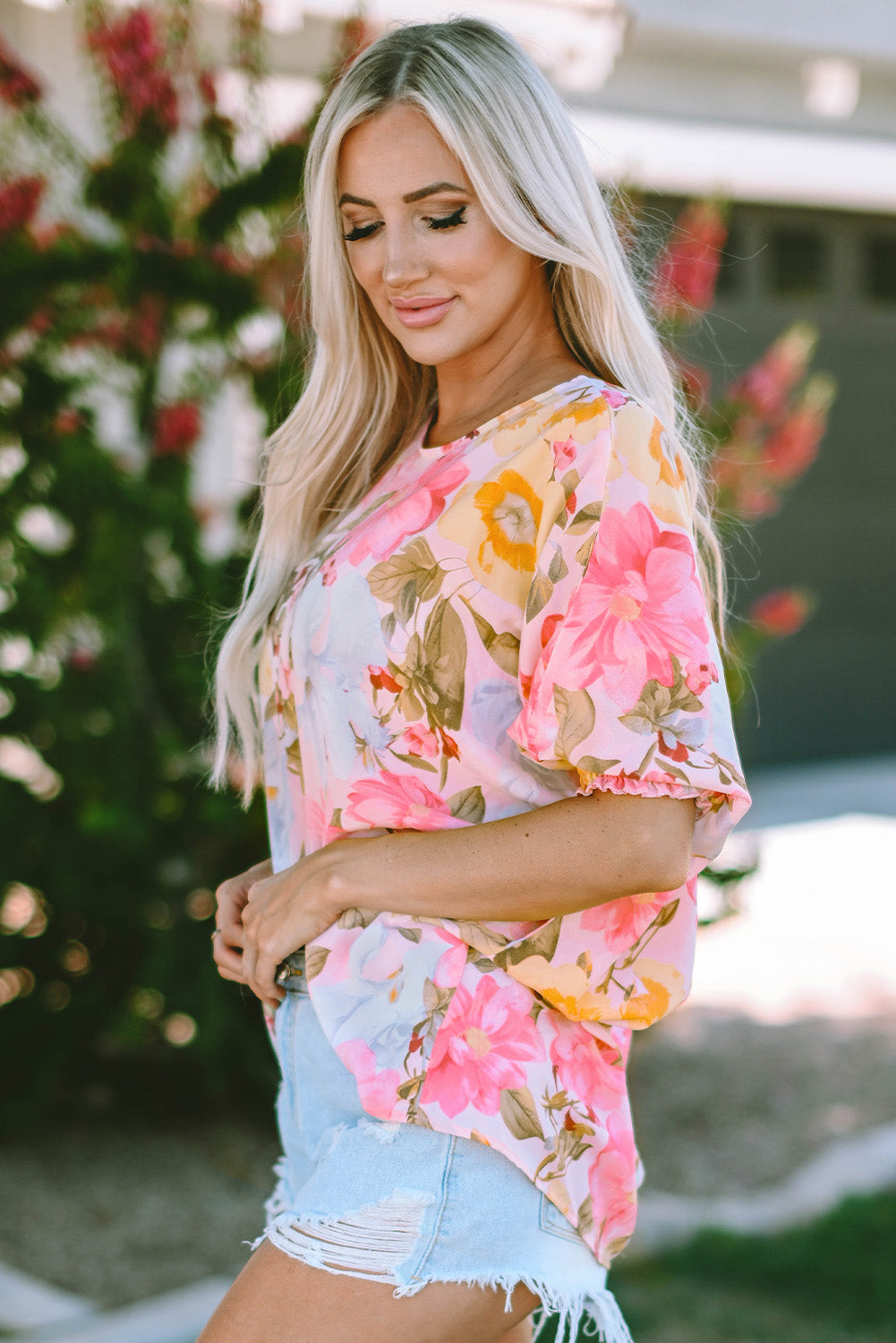 Shirred Cuff 3/4 Sleeve Loose Fit Floral Blouse | Pink