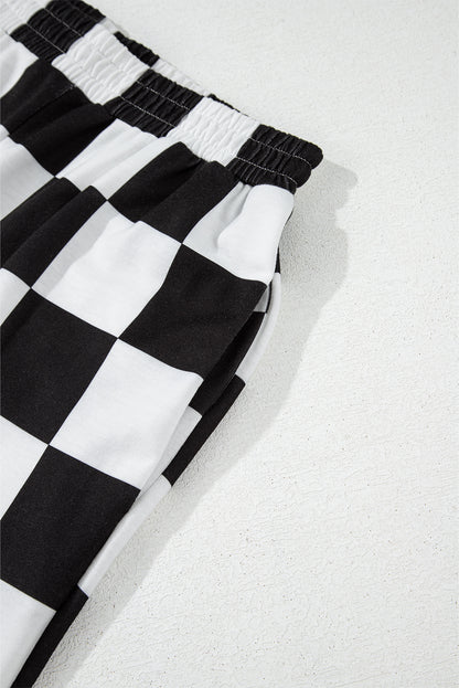 Checkerboard Elastic Waist Pocketed Joggers | Black