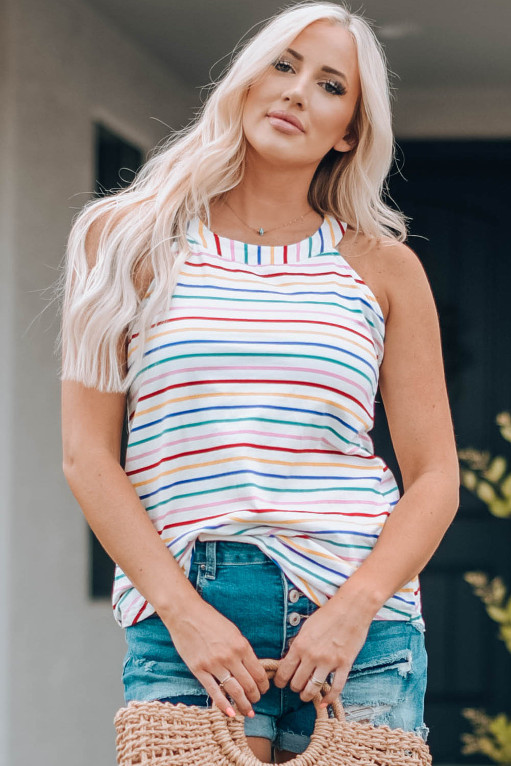 Colourful Striped Halter Tank Top | White