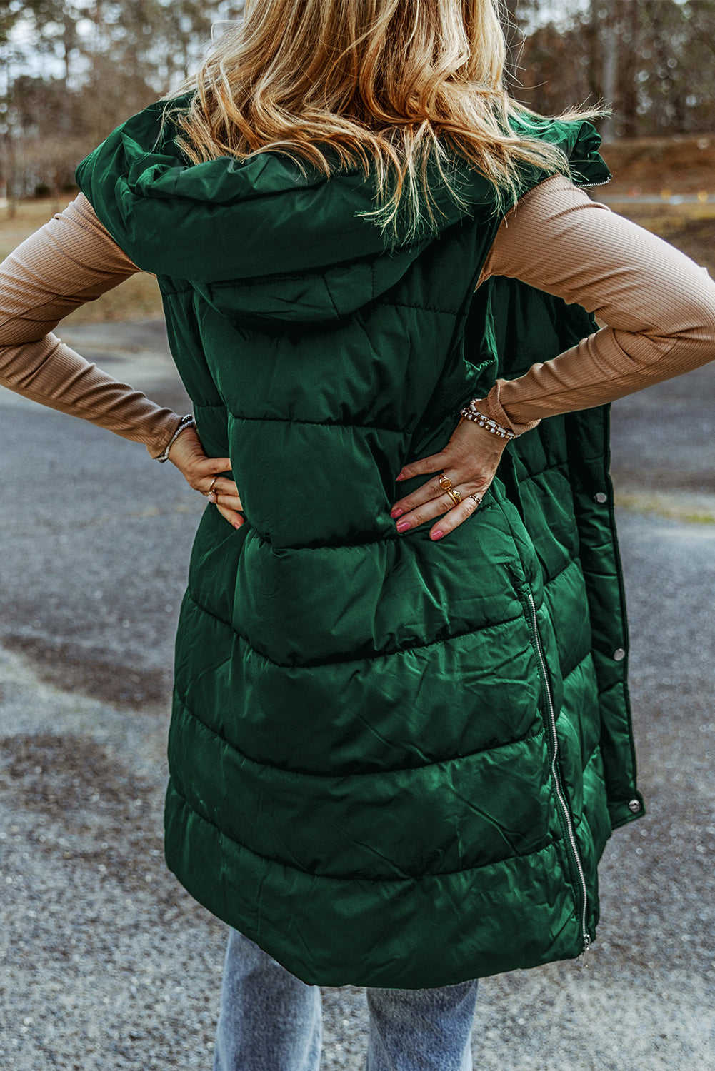 Hooded Long Quilted Vest Coat | Green