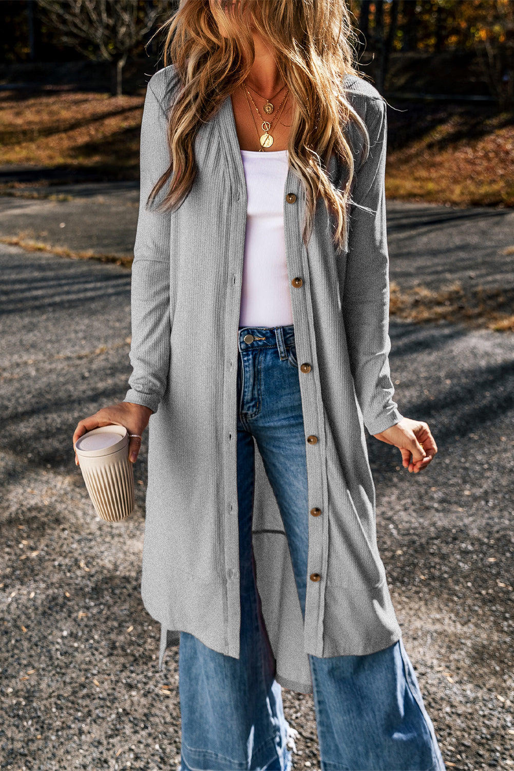 Ribbed Button-Up Split Duster Cardigan | Gray