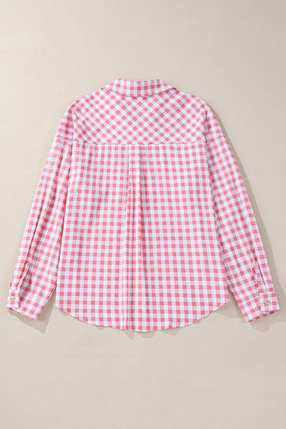 Gingham Print Chest Pockets Buttoned Collared Shirt | Pink