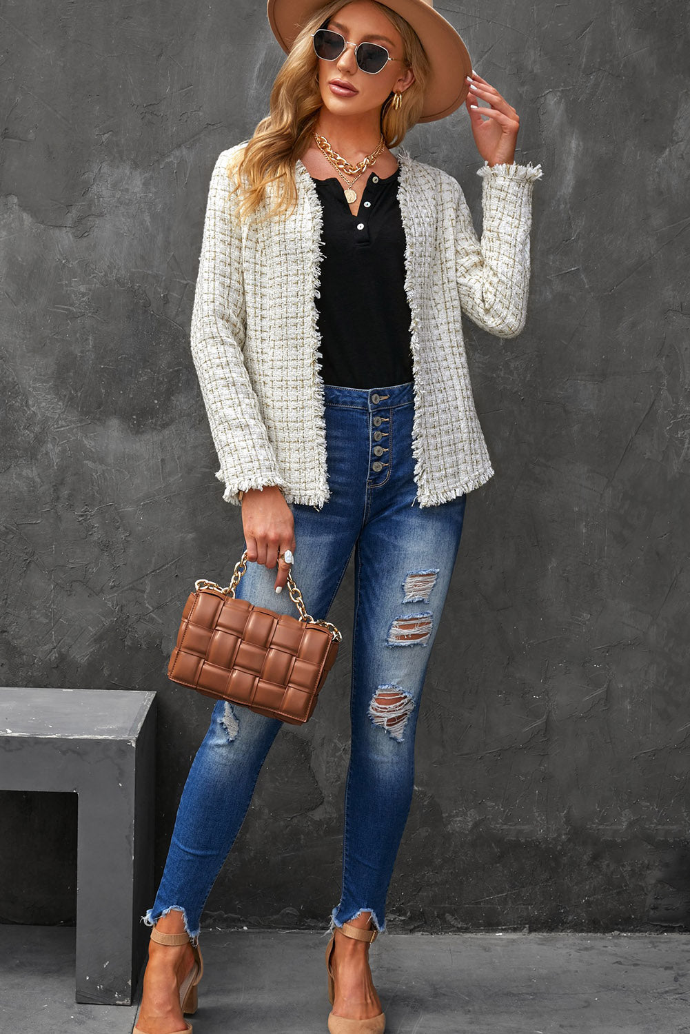 Frayed Slim-Fit Open Front Plaid Jacket | White